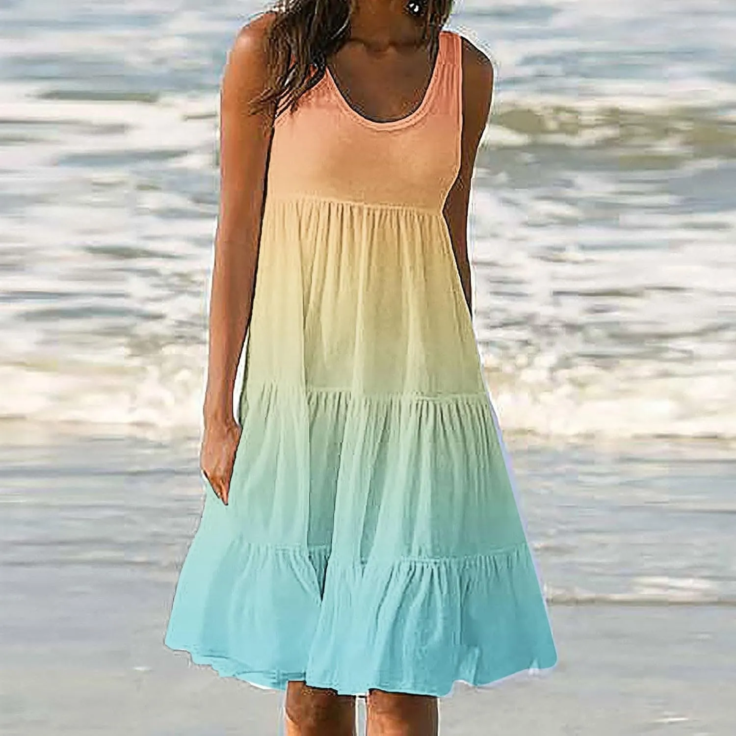 jsaierl Women's Sleeveless Ruffle Mini Dress Fashion Gradient Tank Cami Dress Summer Flowy High Waited A Line Tie Dye Dresses