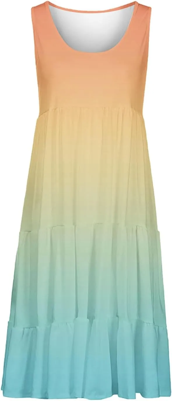 jsaierl Women's Sleeveless Ruffle Mini Dress Fashion Gradient Tank Cami Dress Summer Flowy High Waited A Line Tie Dye Dresses