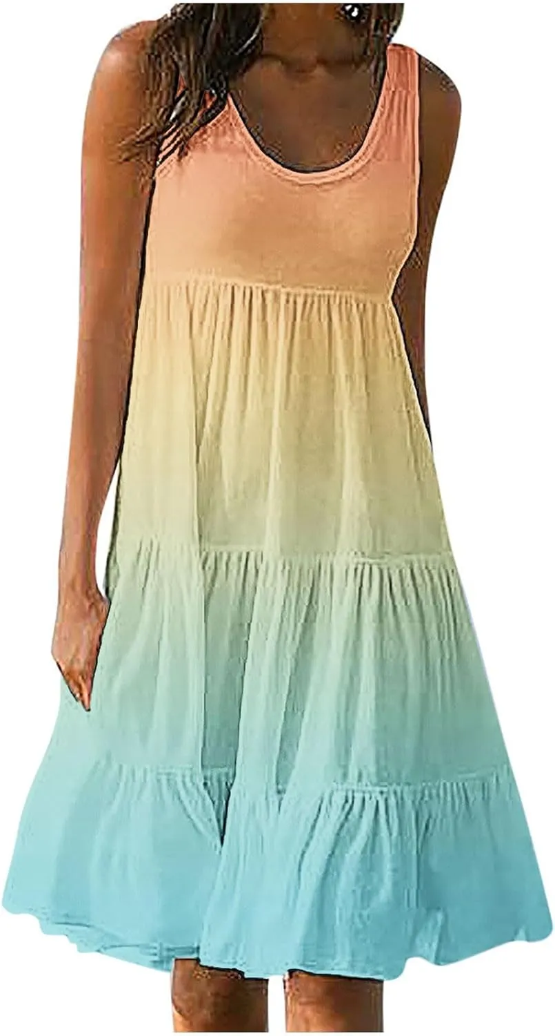 jsaierl Women's Sleeveless Ruffle Mini Dress Fashion Gradient Tank Cami Dress Summer Flowy High Waited A Line Tie Dye Dresses