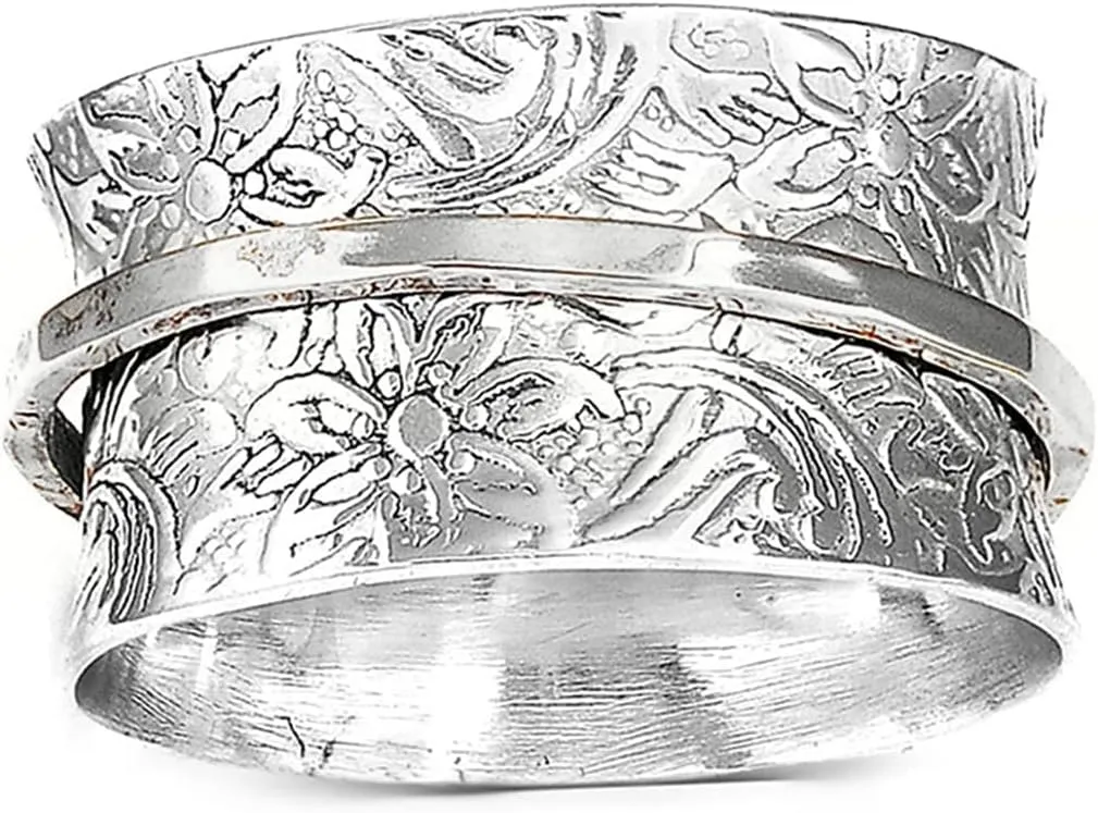Jude Jewelers Stainless Steel Floral Pattern Chunky Size Rotating Spinner Band Ring