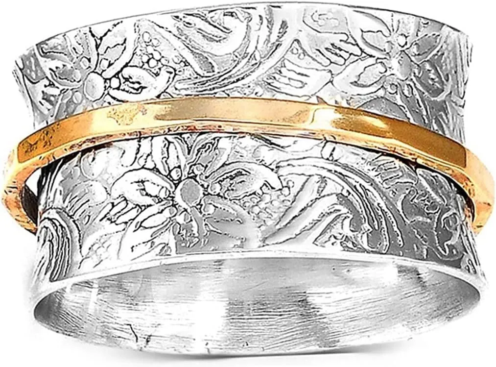 Jude Jewelers Stainless Steel Floral Pattern Chunky Size Rotating Spinner Band Ring