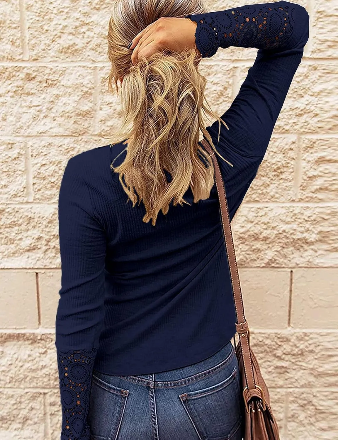Kancystore Women's Long Sleeve Tops Lace V Neck Button Down Henley Shirts Blouses