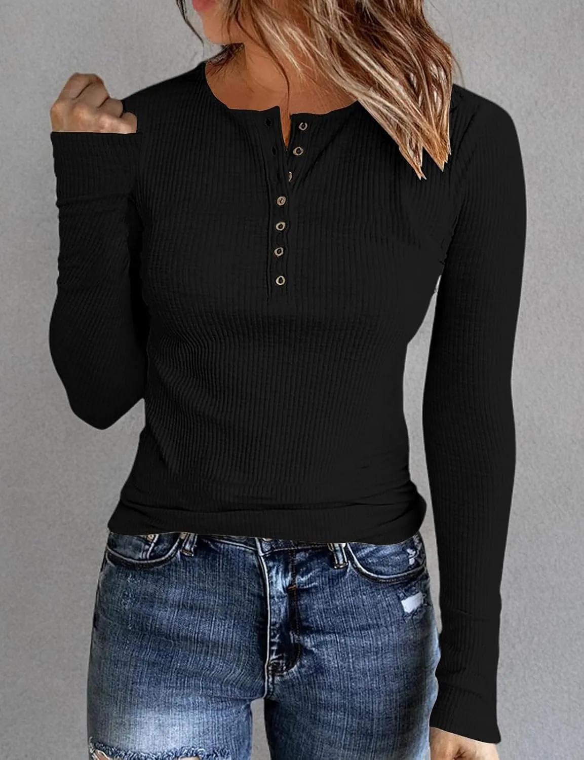 Kancystore Women's Long Sleeve Tops Lace V Neck Button Down Henley Shirts Blouses