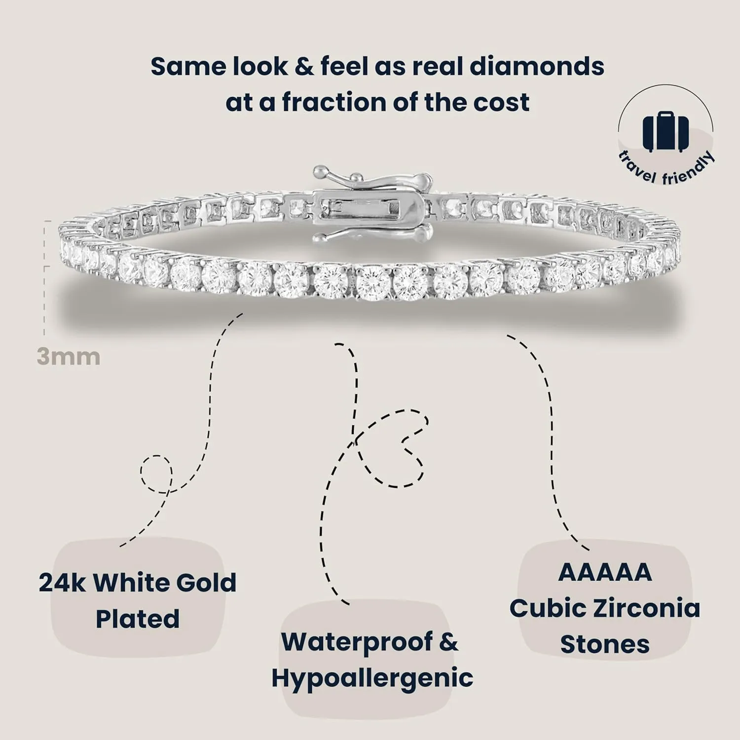 KISPER Tennis Bracelet for Women - 24K White Gold or Gold Plated Round Cut AAAAA CZ, 3mm/4mm Width, Elegant Jewelry Gift, 6.5/7/7.5 Inch