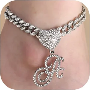 Krfy Ankle Bracelets for Women - Silver Cursive Initial Cuban Link Anklets for Women 10mm Summer Beach Foot Jewelry