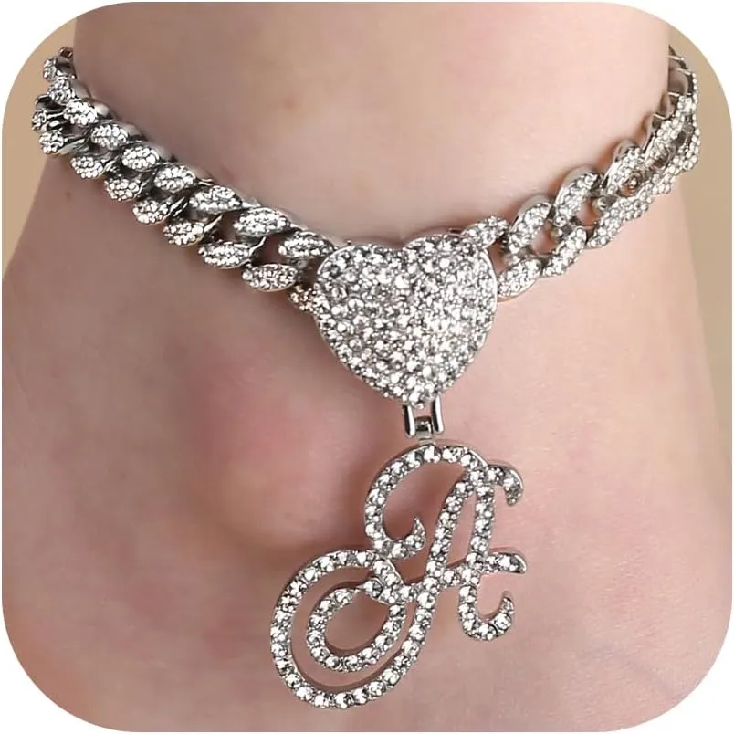 Krfy Ankle Bracelets for Women - Silver Cursive Initial Cuban Link Anklets for Women 10mm Summer Beach Foot Jewelry