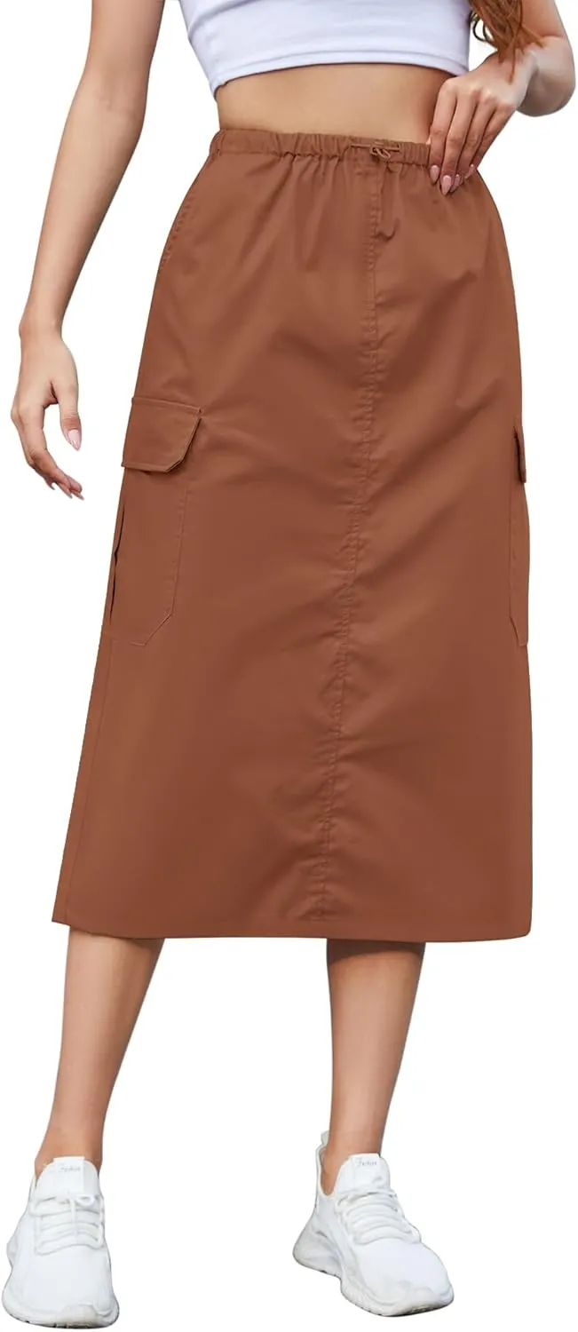 KTILG Cargo Skirt Midi Long Skirts Light Women Summer Y2k Casual 2024 Pockets Trendy Fashion Dressy Split Solid Caramel