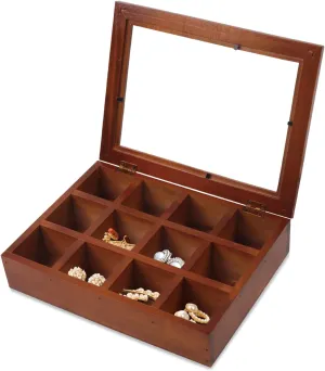 Lainrrew 12 Grid Wooden Jewelry Box, Vintage Display Case Jewelry Display Showcase Tray Earrings Rings Necklaces Bracelet Organizer Holder Jewelry Storage Box Case for Girls Women Mom Wife (12 Grid)