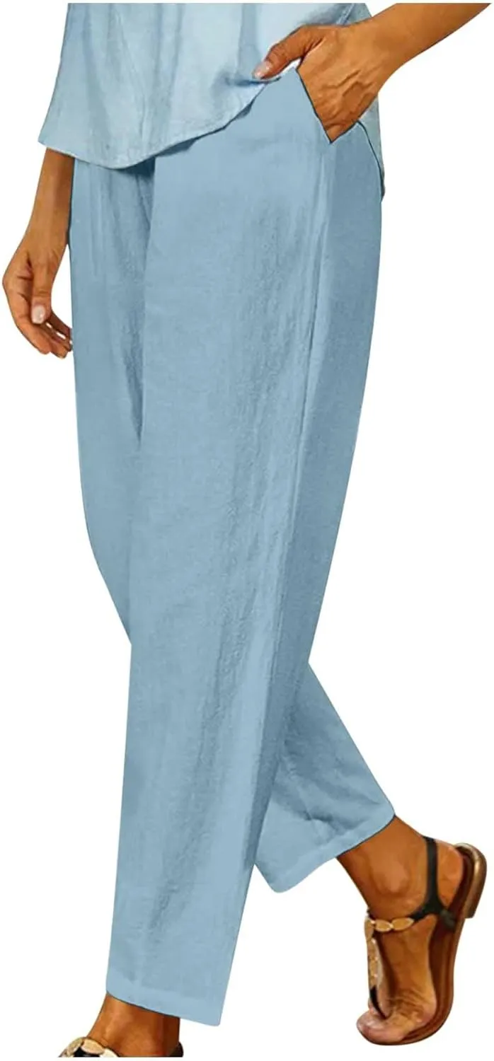 Lastesso Casual Pants for Women Lightweight Cotton Linen Straight Trousers Relaxed Size Cozy Beach Summer Lounge Outfits