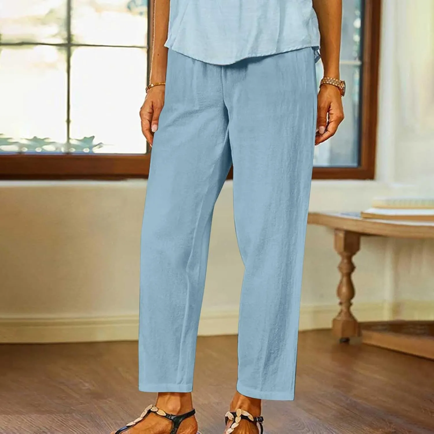 Lastesso Casual Pants for Women Lightweight Cotton Linen Straight Trousers Relaxed Size Cozy Beach Summer Lounge Outfits