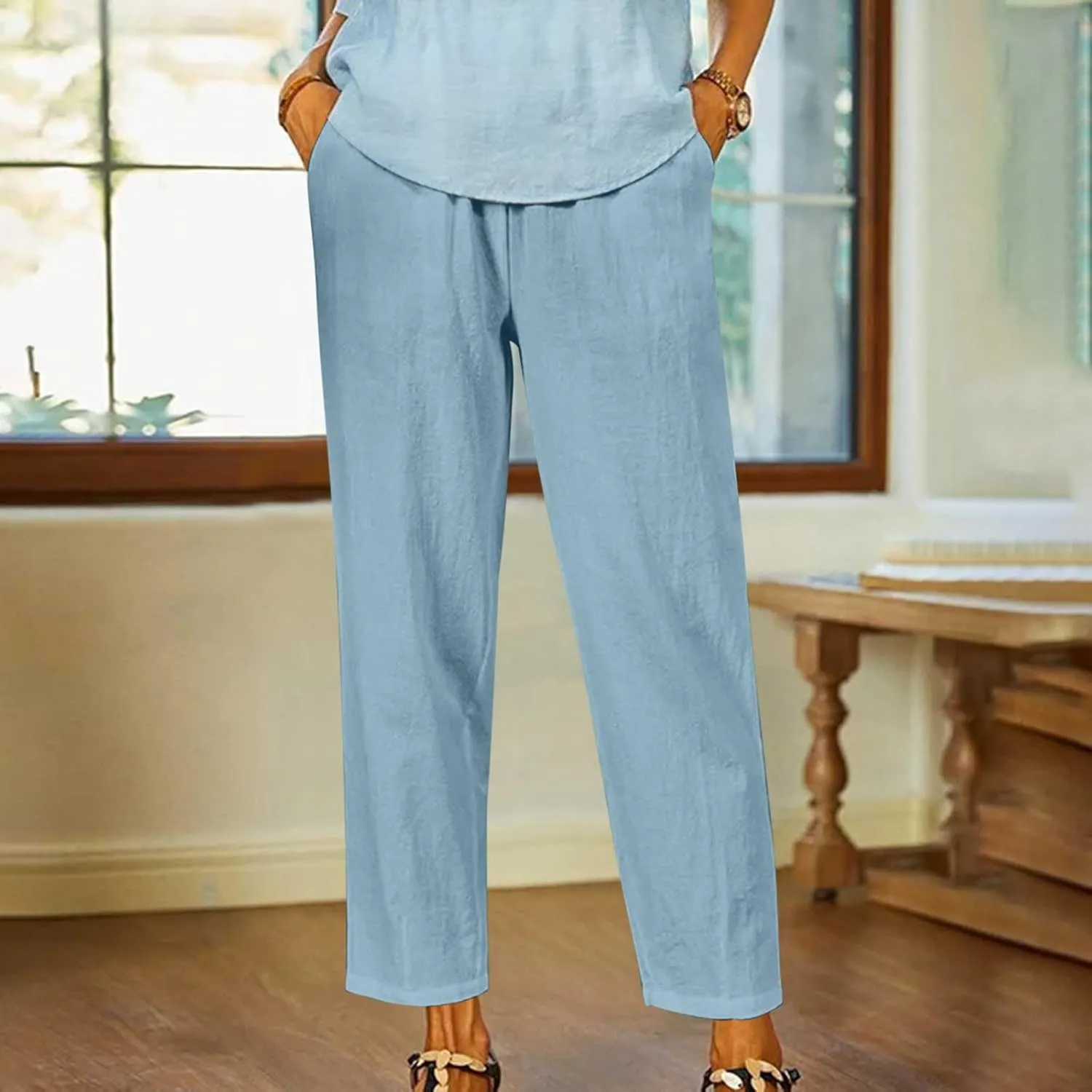Lastesso Casual Pants for Women Lightweight Cotton Linen Straight Trousers Relaxed Size Cozy Beach Summer Lounge Outfits