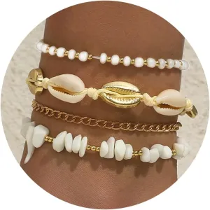 Layered Gold Shell Anklets for Women Waterproof Seashell Stone Beaded Ankle Bracelets Adjustable Summer Beach Foot Chain Hawaiian Foot Jewelry Accessories
