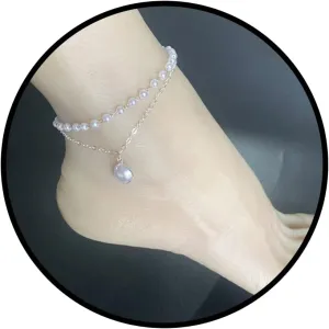 Layered Pearl Ankle Bracelet for Women 14K Gold White Pearl Foot Chain Boho Vintage Pearl Dangle Chain Anklet Bracelet Dainty Layered Charm Anklet 2Pcs Set Foot Jewelry Gift for Women