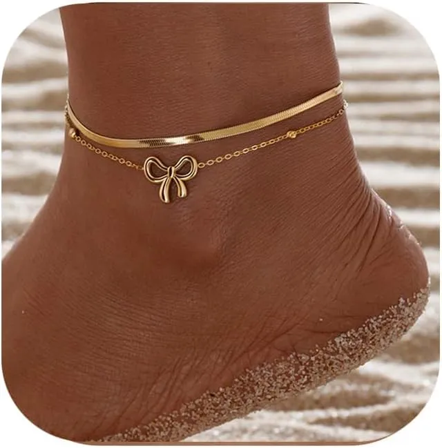Lcbulu Gold Ankle Bracelets for Women - 14k Gold Plated Waterproof Layered Lightweight Simple Chain Bow Anklets Set Adjustable Beach Fashion Jewelry