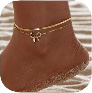 Lcbulu Gold Ankle Bracelets for Women - 14k Gold Plated Waterproof Layered Lightweight Simple Chain Bow Anklets Set Adjustable Beach Fashion Jewelry