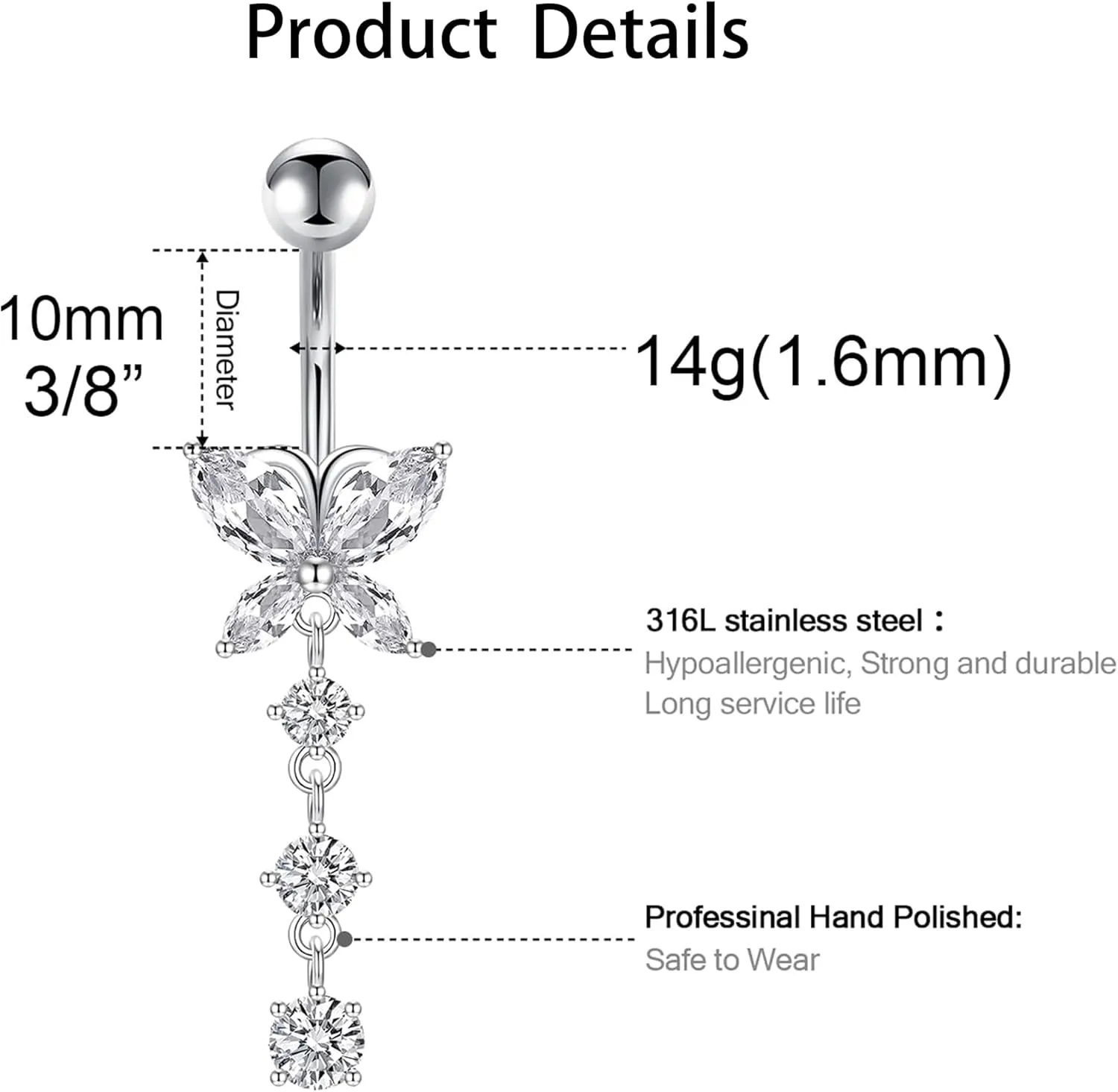 LEE&RO Belly Button Ring Dangle Piercing - 14G Surgical Steel Cute Navel Ring