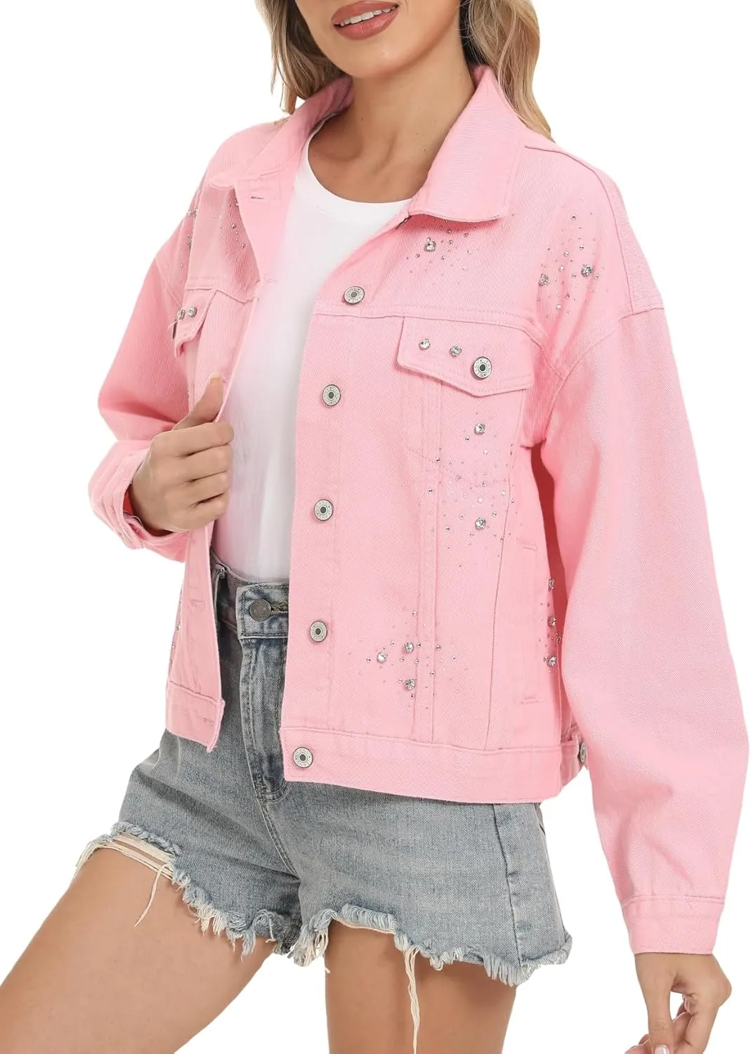 LifeShe Jean Jacket Women Rhinestone Denim Jacket Casual Sparkly Shacket Coats