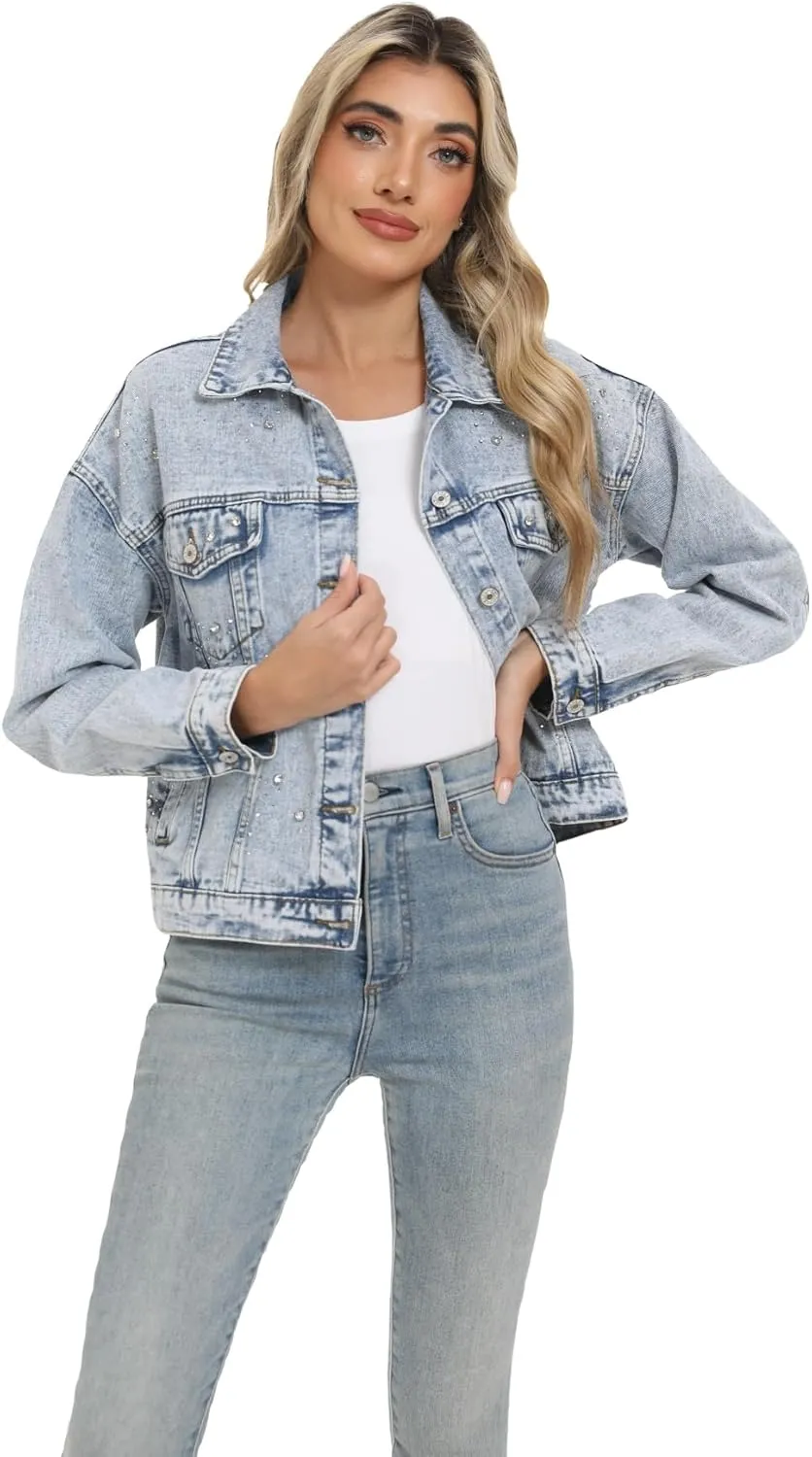 LifeShe Jean Jacket Women Rhinestone Denim Jacket Casual Sparkly Shacket Coats