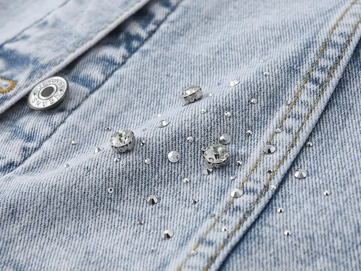 LifeShe Jean Jacket Women Rhinestone Denim Jacket Casual Sparkly Shacket Coats