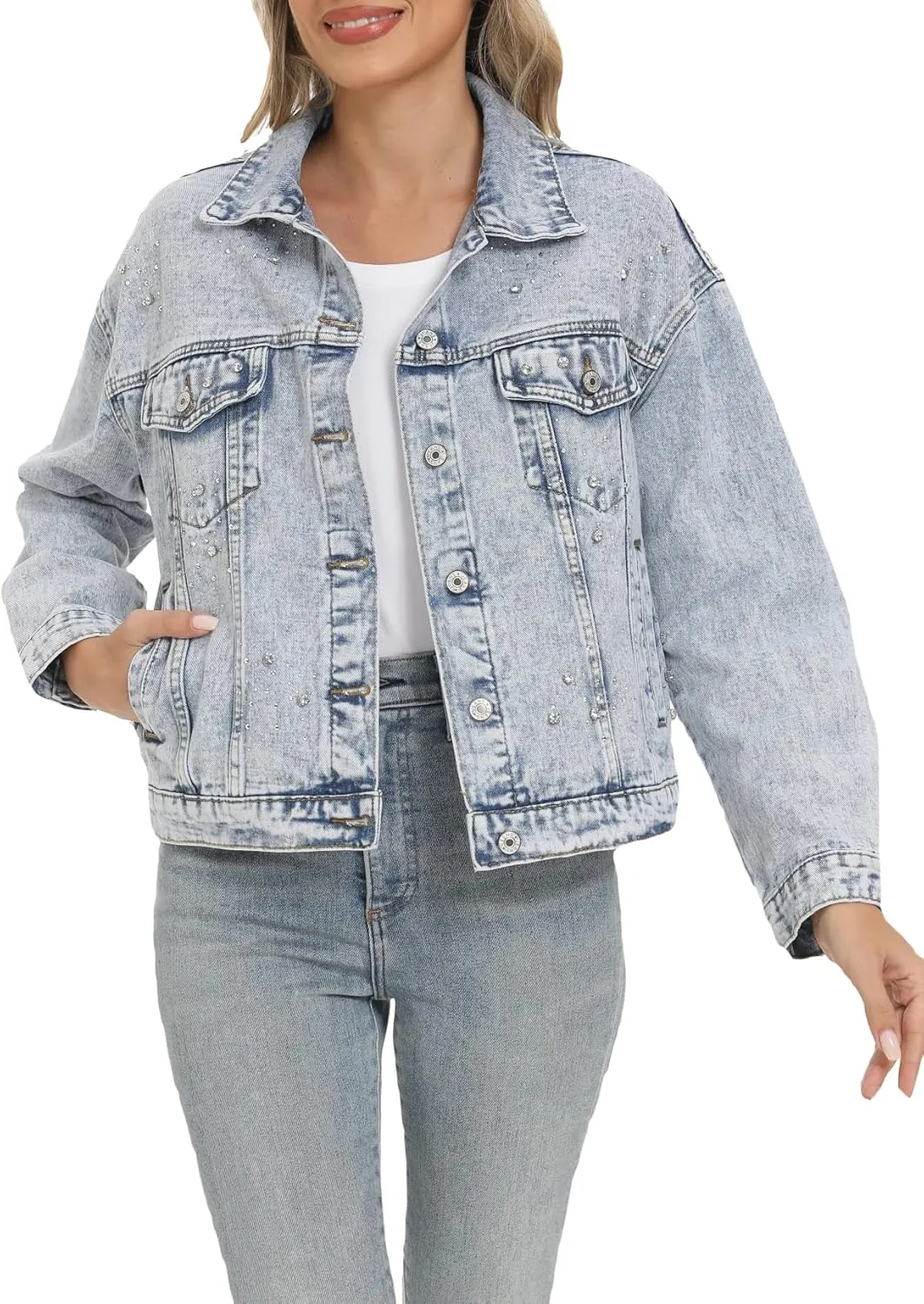 LifeShe Jean Jacket Women Rhinestone Denim Jacket Casual Sparkly Shacket Coats