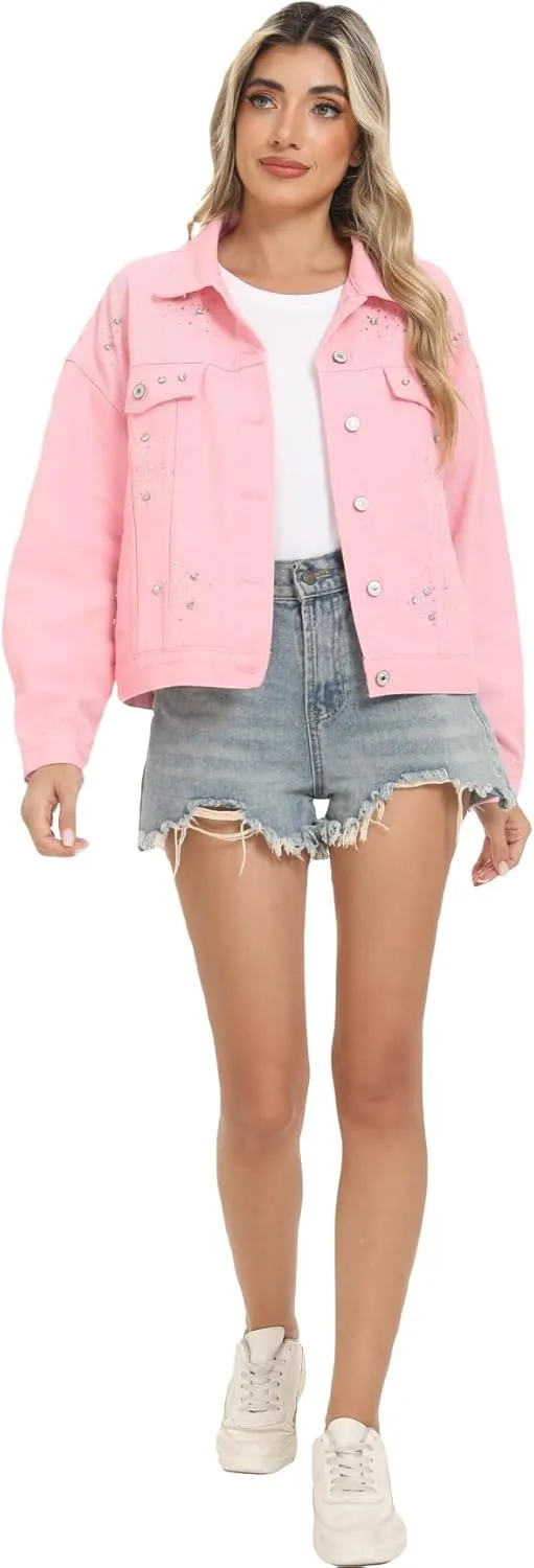 LifeShe Jean Jacket Women Rhinestone Denim Jacket Casual Sparkly Shacket Coats