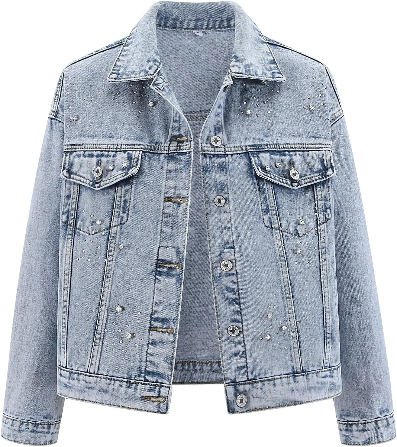 LifeShe Jean Jacket Women Rhinestone Denim Jacket Casual Sparkly Shacket Coats