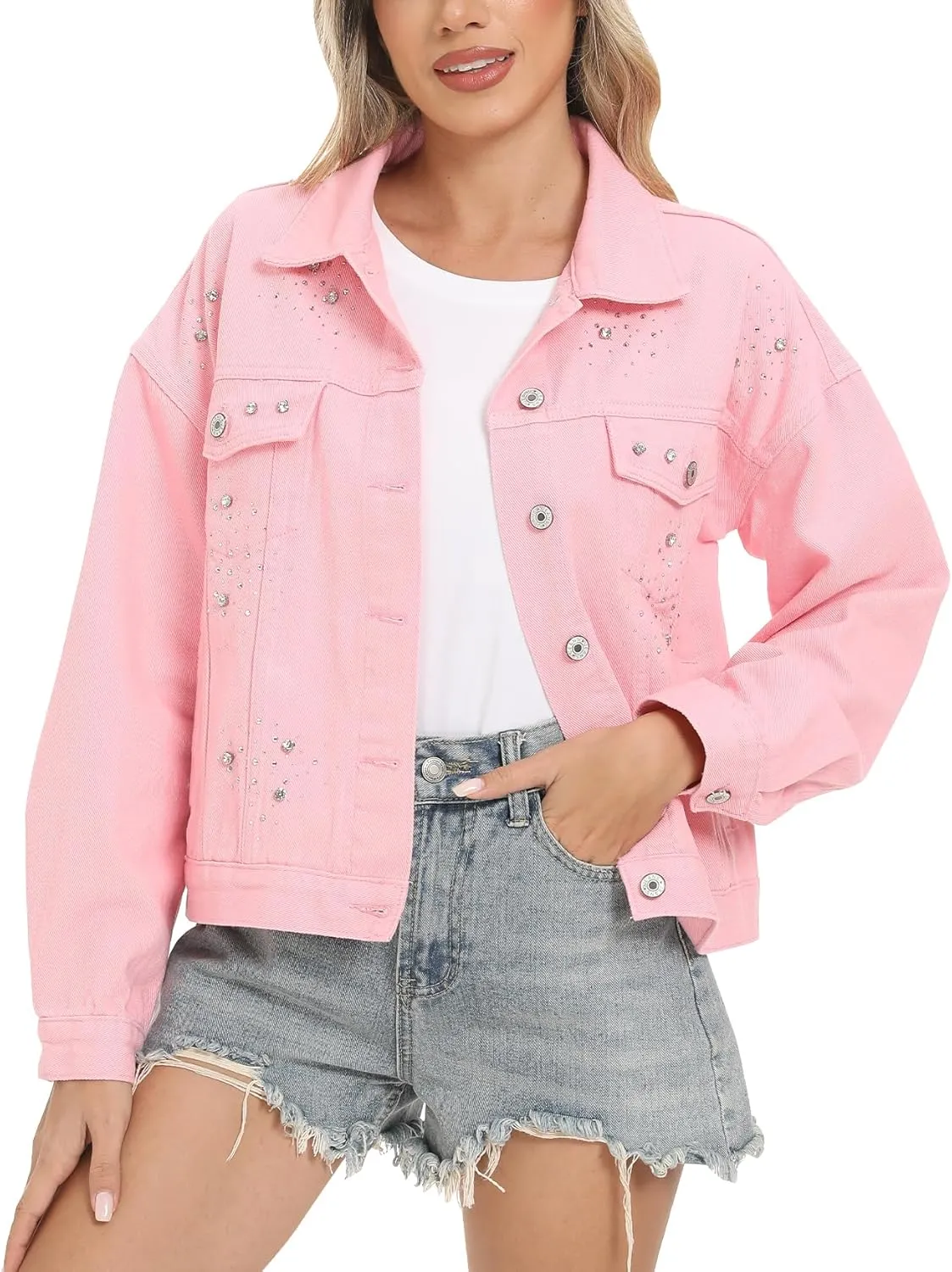 LifeShe Jean Jacket Women Rhinestone Denim Jacket Casual Sparkly Shacket Coats