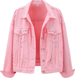 LifeShe Jean Jacket Women Rhinestone Denim Jacket Casual Sparkly Shacket Coats