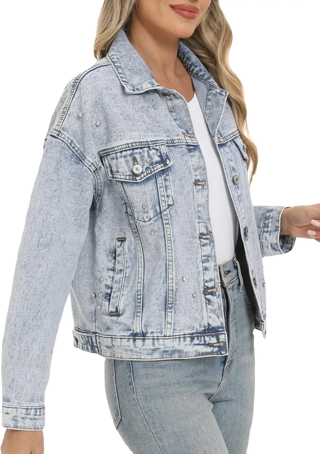 LifeShe Jean Jacket Women Rhinestone Denim Jacket Casual Sparkly Shacket Coats