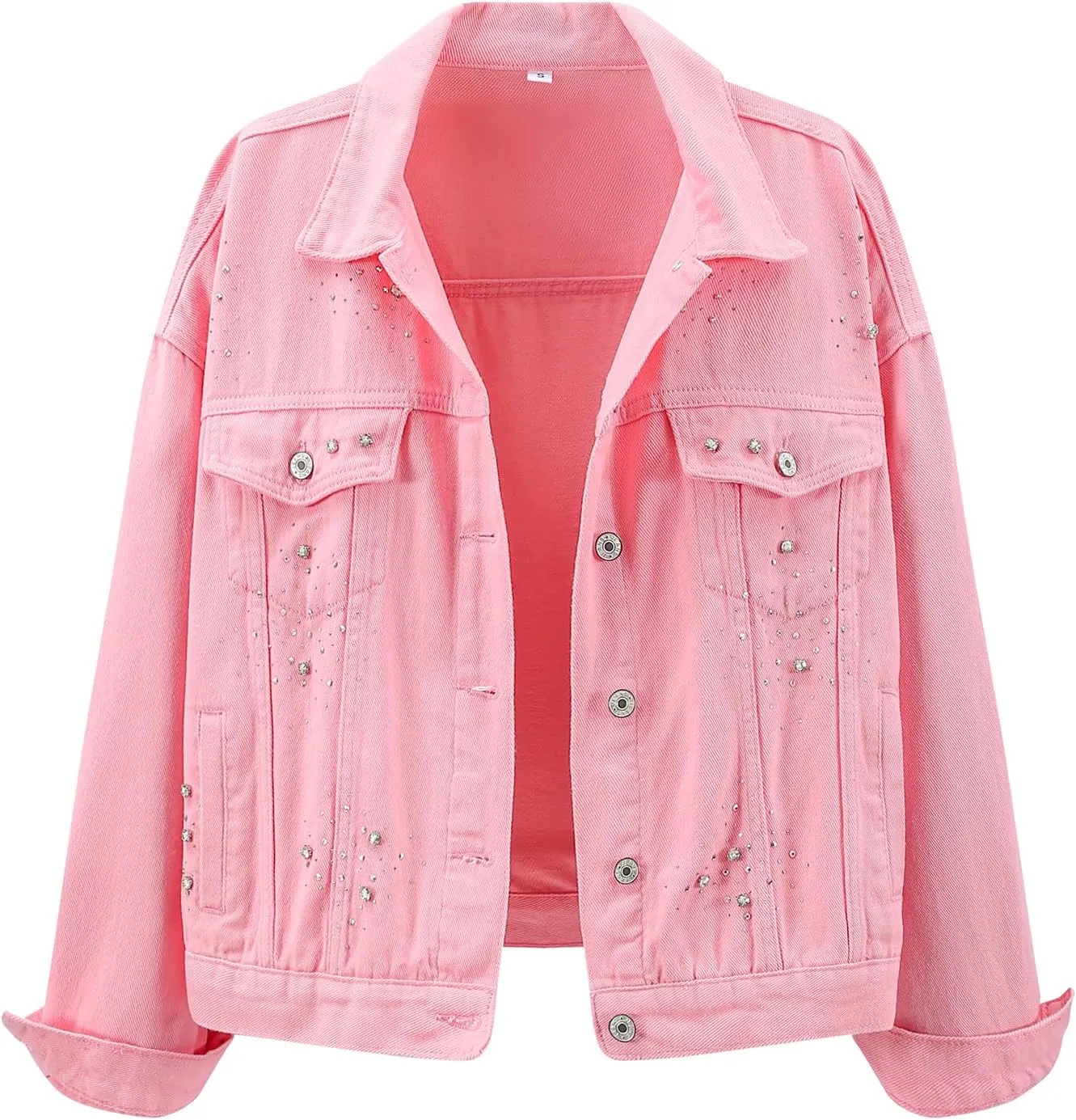 LifeShe Jean Jacket Women Rhinestone Denim Jacket Casual Sparkly Shacket Coats