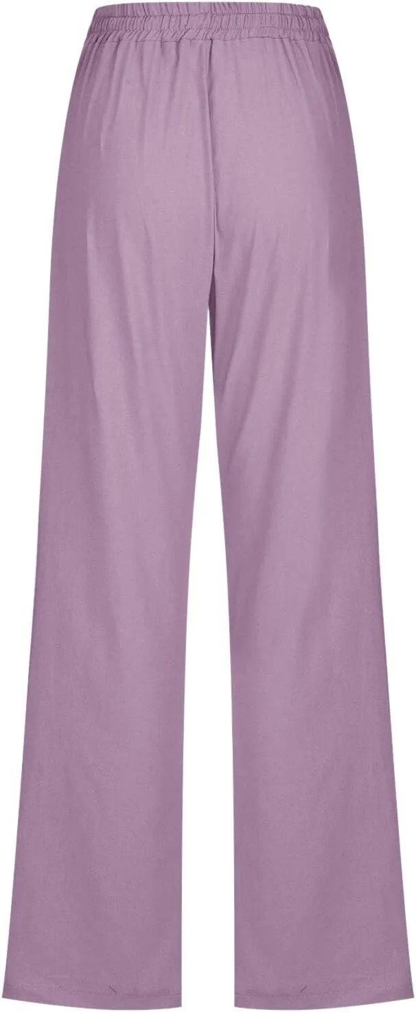 Linen Pants for Women High Waisted Drawstring Relaxed Fit Wide Leg Pant Elastic Waist Casual Lightweight Trousers