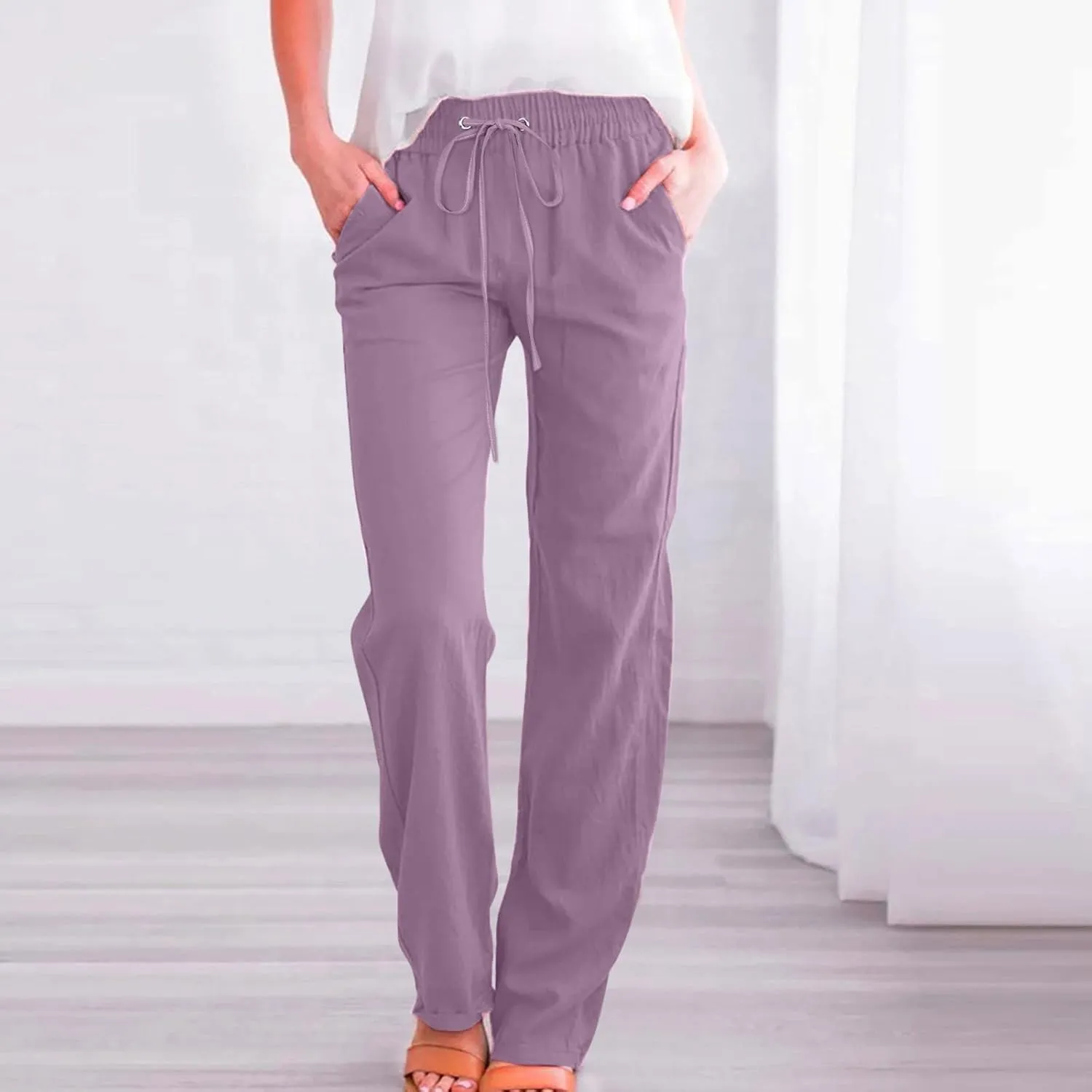 Linen Pants for Women High Waisted Drawstring Relaxed Fit Wide Leg Pant Elastic Waist Casual Lightweight Trousers