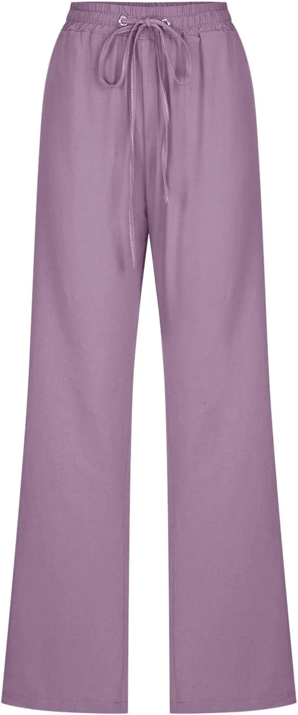Linen Pants for Women High Waisted Drawstring Relaxed Fit Wide Leg Pant Elastic Waist Casual Lightweight Trousers