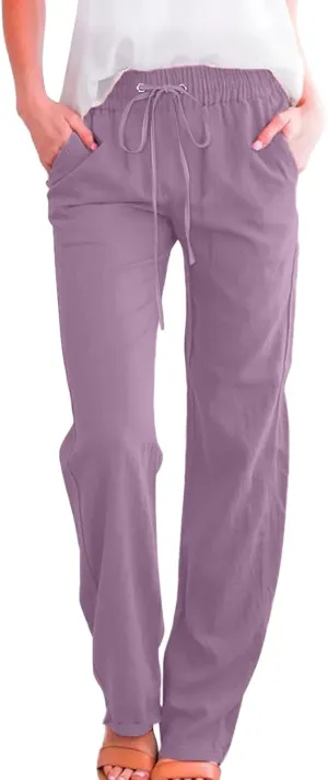 Linen Pants for Women High Waisted Drawstring Relaxed Fit Wide Leg Pant Elastic Waist Casual Lightweight Trousers