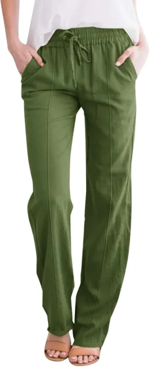 Linen Pants for Women Women's Lightweight Linen Pants - Relaxed Fit Elastic Waist Summer Casual Long Trousers