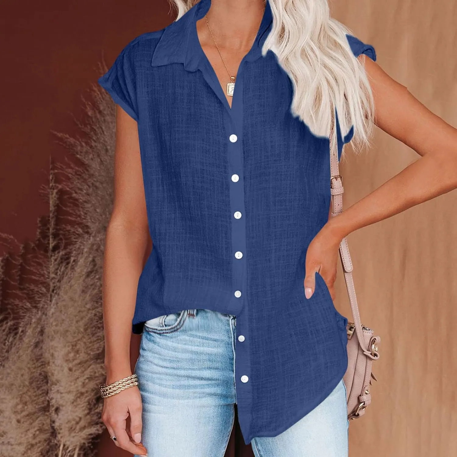 Linen Shirts for Women Trendy Button Down V Neck Shirt Summer Collared Short Sleeve Boho Tops Casual Blouses