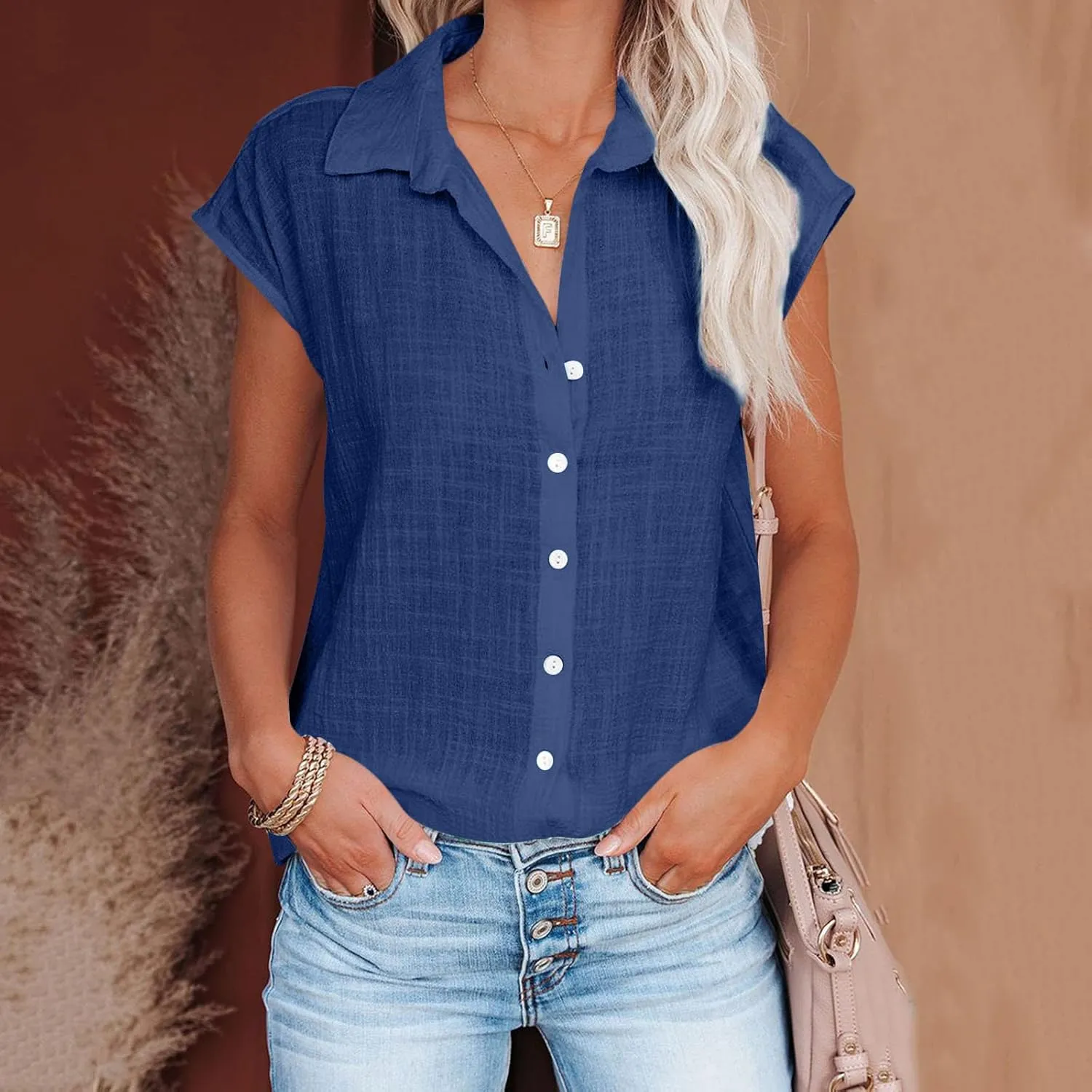 Linen Shirts for Women Trendy Button Down V Neck Shirt Summer Collared Short Sleeve Boho Tops Casual Blouses