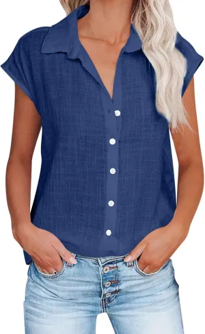 Linen Shirts for Women Trendy Button Down V Neck Shirt Summer Collared Short Sleeve Boho Tops Casual Blouses