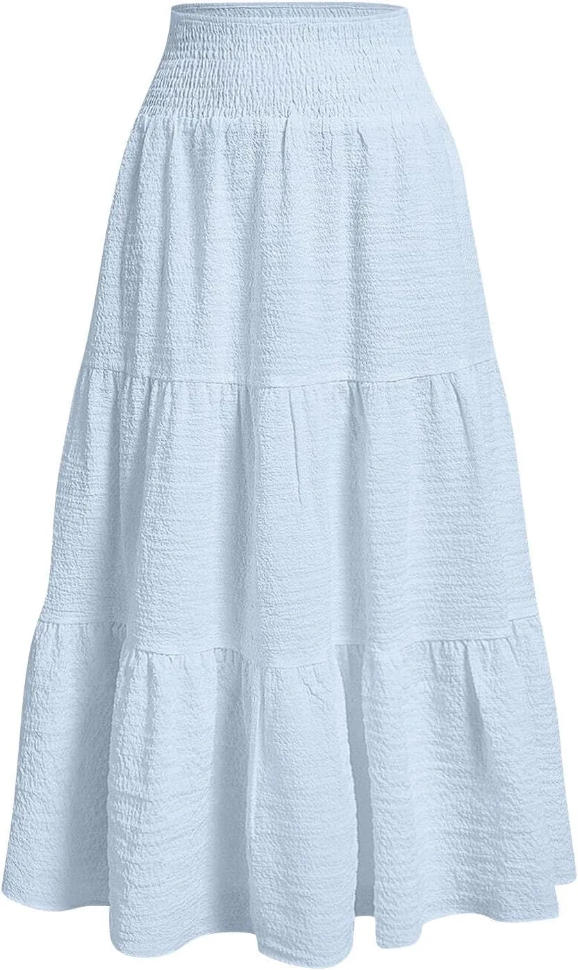 Linen Skirts for Women Smocked High Waisted Tiered Maxi Skirts Boho Summer Midi Length a Line Ruffle Long Flowy Skirts