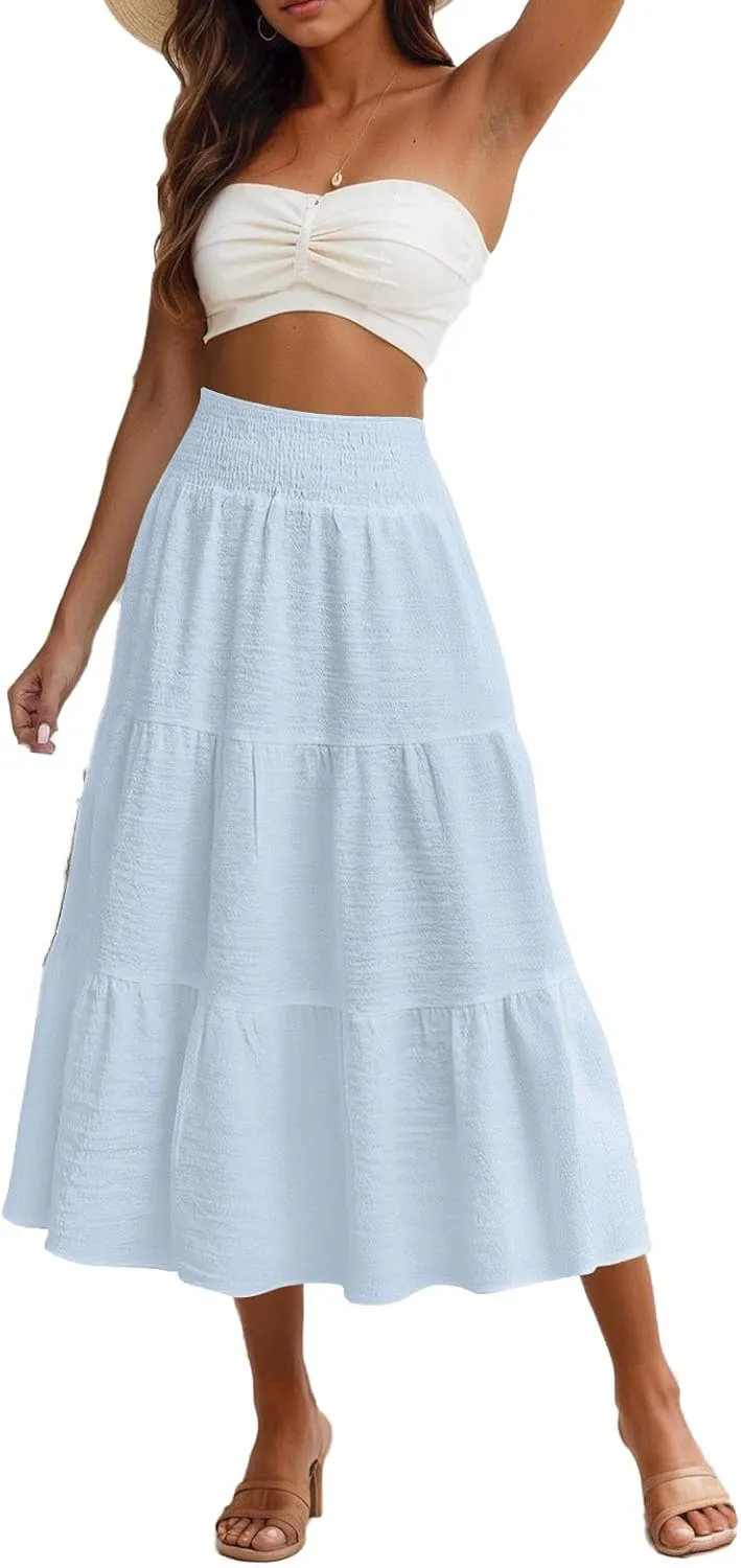 Linen Skirts for Women Smocked High Waisted Tiered Maxi Skirts Boho Summer Midi Length a Line Ruffle Long Flowy Skirts