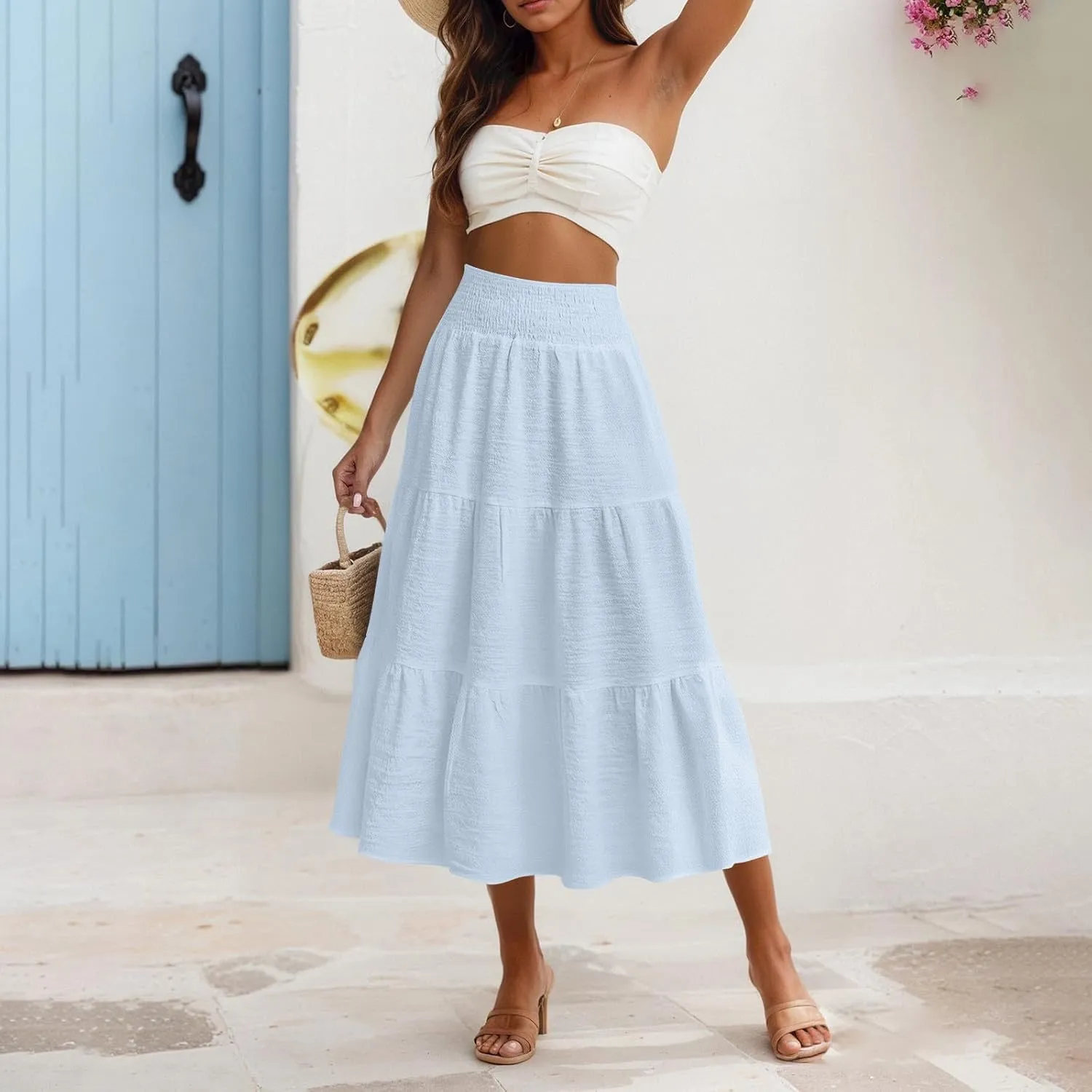 Linen Skirts for Women Smocked High Waisted Tiered Maxi Skirts Boho Summer Midi Length a Line Ruffle Long Flowy Skirts