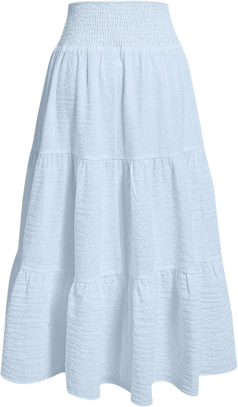 Linen Skirts for Women Smocked High Waisted Tiered Maxi Skirts Boho Summer Midi Length a Line Ruffle Long Flowy Skirts