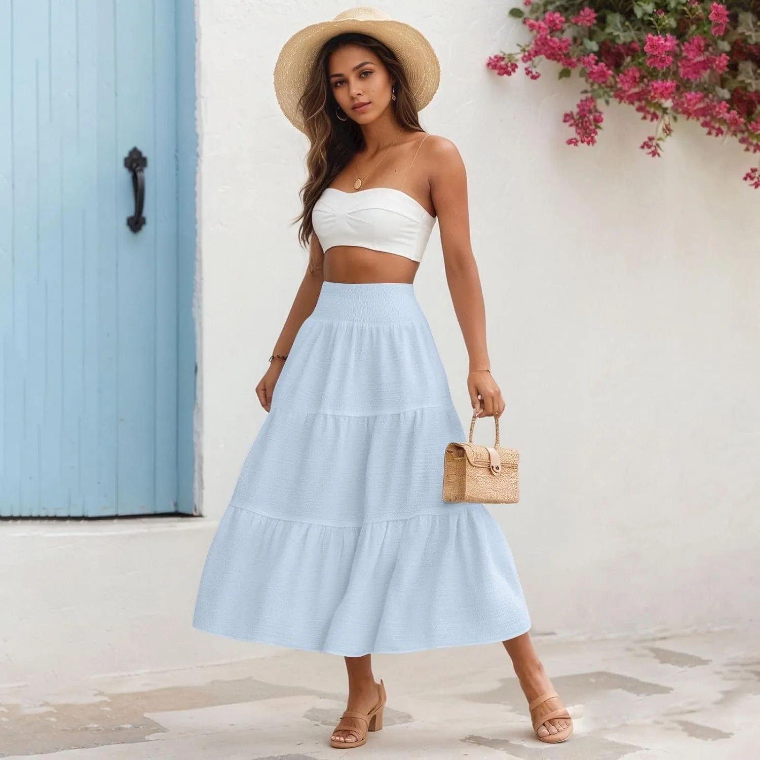 Linen Skirts for Women Smocked High Waisted Tiered Maxi Skirts Boho Summer Midi Length a Line Ruffle Long Flowy Skirts
