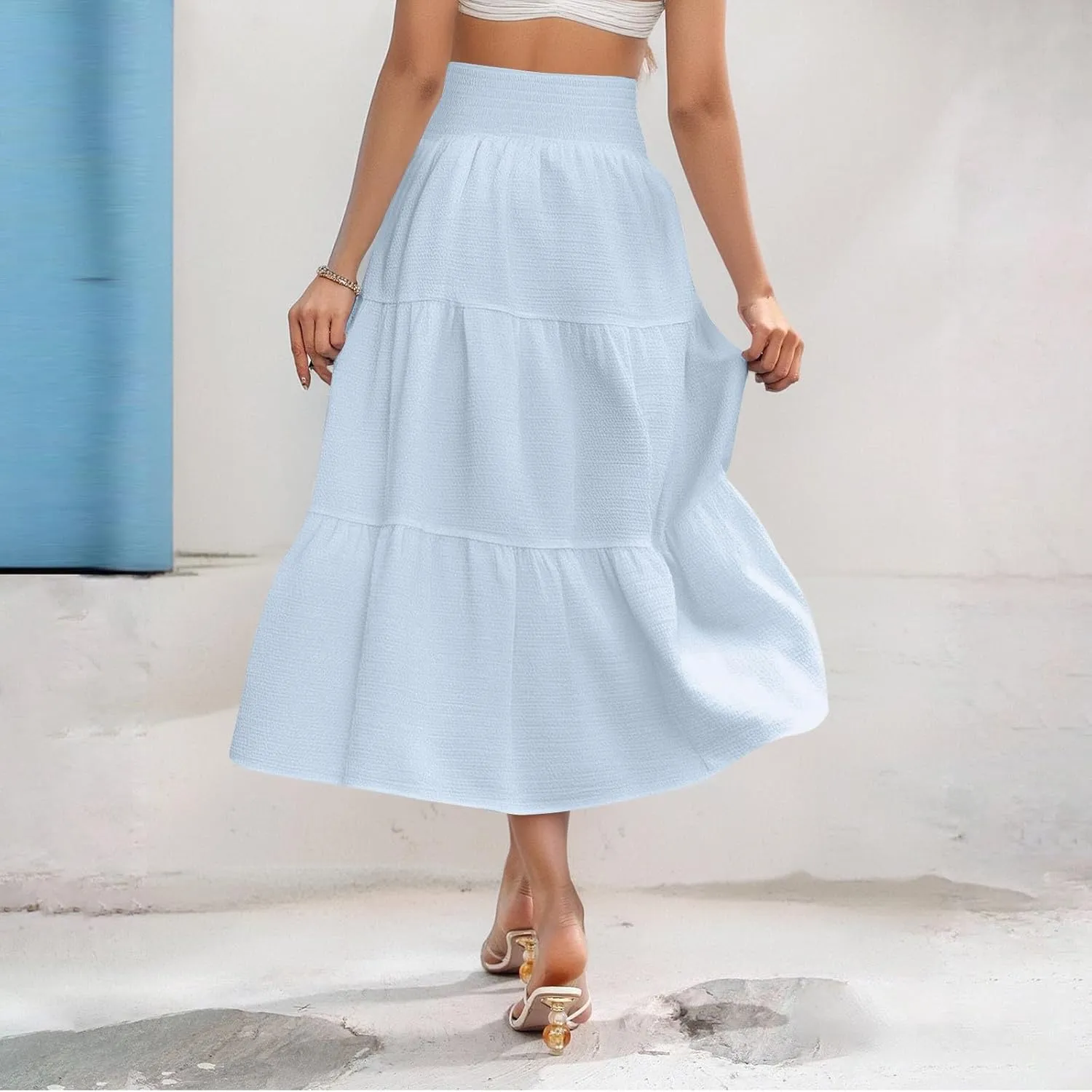 Linen Skirts for Women Smocked High Waisted Tiered Maxi Skirts Boho Summer Midi Length a Line Ruffle Long Flowy Skirts