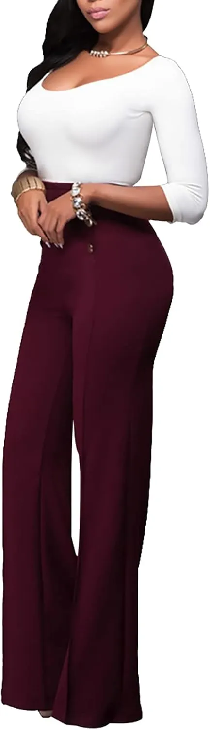 LKOUS Women's Stretchy High Waisted Wide Leg Button-Down Pants Work Dress Pant