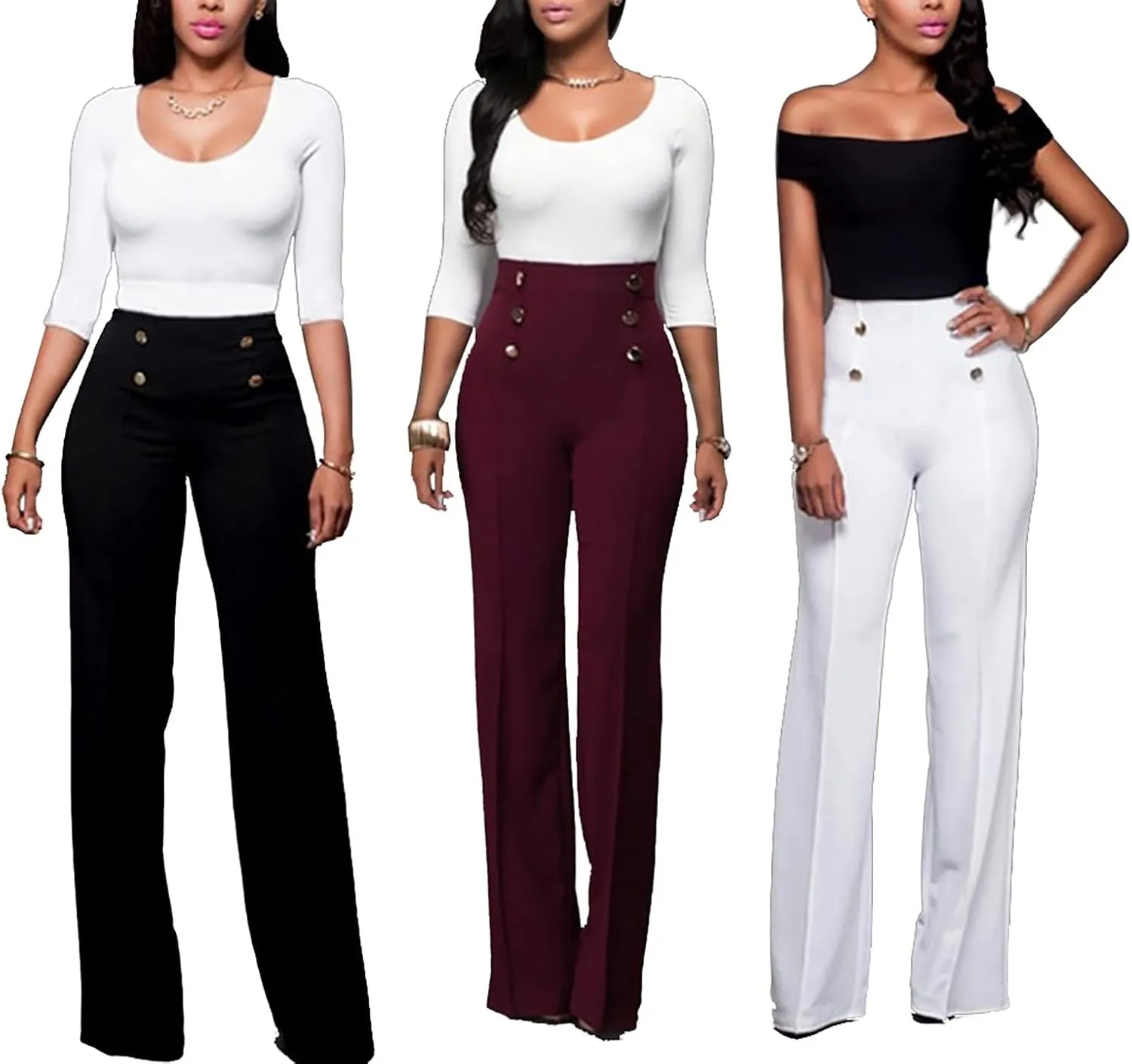 LKOUS Women's Stretchy High Waisted Wide Leg Button-Down Pants Work Dress Pant
