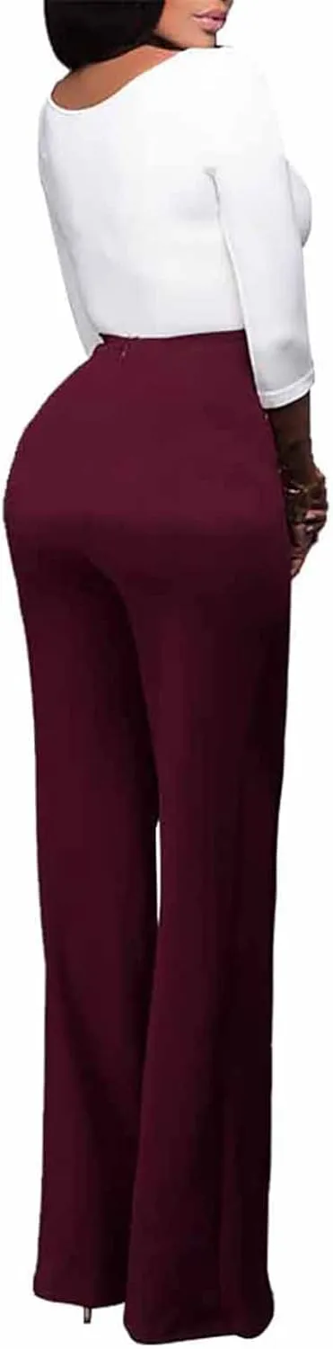 LKOUS Women's Stretchy High Waisted Wide Leg Button-Down Pants Work Dress Pant