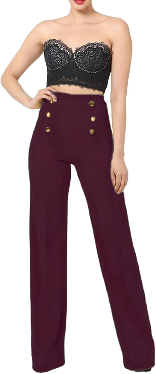 LKOUS Women's Stretchy High Waisted Wide Leg Button-Down Pants Work Dress Pant