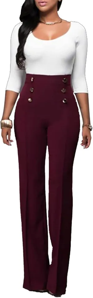 LKOUS Women's Stretchy High Waisted Wide Leg Button-Down Pants Work Dress Pant
