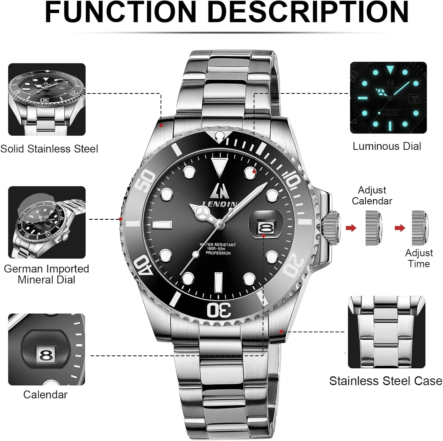 LN LENQIN Mens Watches Stainless Steel Waterproof Analog Quartz Watch for Men with Date Luminous Fashion Wristwatch